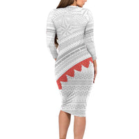 Tonga White Sunday Family Matching Long Sleeve Bodycon Dress and Hawaiian Shirt Heilala Flowers Tongan Ngatu Pattern
