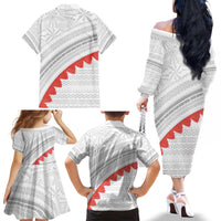 Tonga White Sunday Family Matching Off The Shoulder Long Sleeve Dress and Hawaiian Shirt Heilala Flowers Tongan Ngatu Pattern