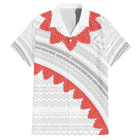 Tonga White Sunday Family Matching Off Shoulder Short Dress and Hawaiian Shirt Heilala Flowers Tongan Ngatu Pattern