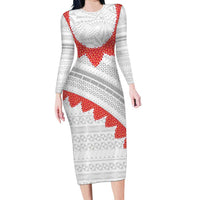 Tonga White Sunday Long Sleeve Bodycon Dress Heilala Flowers Tongan Ngatu Pattern