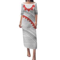 Tonga White Sunday Puletasi Heilala Flowers Tongan Ngatu Pattern