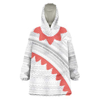 Tonga White Sunday Wearable Blanket Hoodie Heilala Flowers Tongan Ngatu Pattern