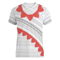 Tonga White Sunday Women V-Neck T-Shirt Heilala Flowers Tongan Ngatu Pattern