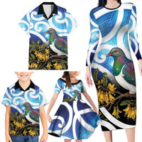 Kekeru New Zealand Matariki Family Matching Long Sleeve Bodycon Dress and Hawaiian Shirt Kukupa Kowhai Maori New Year Blue Version LT14 - Polynesian Pride