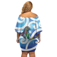 Kekeru New Zealand Matariki Off Shoulder Short Dress Kukupa Kowhai Maori New Year Blue Version LT14 - Polynesian Pride