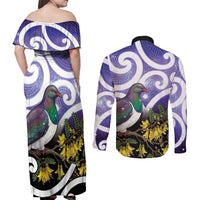 Kekeru New Zealand Matariki Couples Matching Off Shoulder Maxi Dress and Long Sleeve Button Shirt Kukupa Kowhai Maori New Year Purple Version LT14 - Polynesian Pride