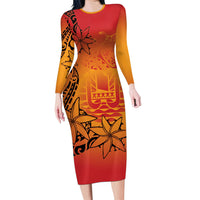 French Polynesia Manta Ray Tattoo Family Matching Long Sleeve Bodycon Dress and Hawaiian Shirt Tahiti Hahalua Tiare Maori Gradient Style LT14 Mom's Dress Orange - Polynesian Pride