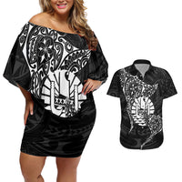 French Polynesia Manta Ray Tattoo Couples Matching Off Shoulder Short Dress and Hawaiian Shirt Tahiti Hahalua Turtle Shark Black Color
