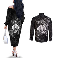 French Polynesia Manta Ray Tattoo Couples Matching Off The Shoulder Long Sleeve Dress and Long Sleeve Button Shirt Tahiti Hahalua Turtle Shark Black Color
