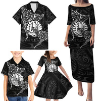 French Polynesia Manta Ray Tattoo Family Matching Puletasi and Hawaiian Shirt Tahiti Hahalua Turtle Shark Black Color