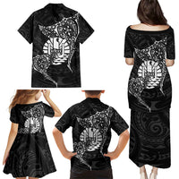 French Polynesia Manta Ray Tattoo Family Matching Puletasi and Hawaiian Shirt Tahiti Hahalua Turtle Shark Black Color
