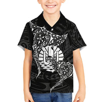 French Polynesia Manta Ray Tattoo Family Matching Puletasi and Hawaiian Shirt Tahiti Hahalua Turtle Shark Black Color