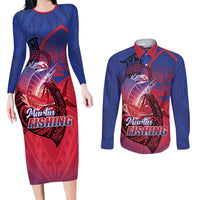 Guam Blue Marlin Fishing Couples Matching Long Sleeve Bodycon Dress and Long Sleeve Button Shirt Guahan Fish Hook Tattoo