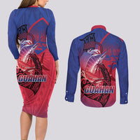 Guam Blue Marlin Fishing Couples Matching Long Sleeve Bodycon Dress and Long Sleeve Button Shirt Guahan Fish Hook Tattoo