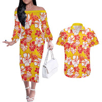 Yellow Hawaii Hibiscus Couples Matching Off The Shoulder Long Sleeve Dress and Hawaiian Shirt Tropical Flowers Seamless Pattern - Polynesian Pride