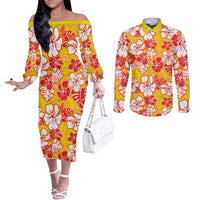 Yellow Hawaii Hibiscus Couples Matching Off The Shoulder Long Sleeve Dress and Long Sleeve Button Shirt Tropical Flowers Seamless Pattern - Polynesian Pride