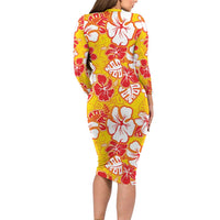 Yellow Hawaii Hibiscus Long Sleeve Bodycon Dress Tropical Flowers Seamless Pattern - Polynesian Pride