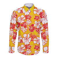 Yellow Hawaii Hibiscus Long Sleeve Button Shirt Tropical Flowers Seamless Pattern - Polynesian Pride