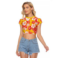 Yellow Hawaii Hibiscus Raglan Cropped T Shirt Tropical Flowers Seamless Pattern - Polynesian Pride