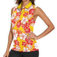 Yellow Hawaii Hibiscus Women Sleeveless Polo Shirt Tropical Flowers Seamless Pattern LT14 - Polynesian Pride