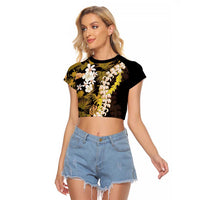 Kula Aloha Hawaii Lei Raglan Cropped T Shirt Tropical Flowers Elegant Vibe LT14 Female Gold - Polynesian Pride