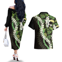 Omaomao Aloha Hawaii Lei Couples Matching Off The Shoulder Long Sleeve Dress and Hawaiian Shirt Tropical Flowers Elegant Vibe - Polynesian Pride