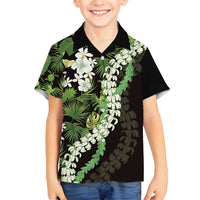 Omaomao Aloha Hawaii Lei Family Matching Off Shoulder Short Dress and Hawaiian Shirt Tropical Flowers Elegant Vibe LT14 Son's Shirt Green - Polynesian Pride