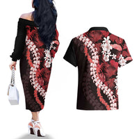 Ulaula Aloha Hawaii Lei Couples Matching Off The Shoulder Long Sleeve Dress and Hawaiian Shirt Tropical Flowers Elegant Vibe - Polynesian Pride
