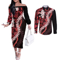 Ulaula Aloha Hawaii Lei Couples Matching Off The Shoulder Long Sleeve Dress and Long Sleeve Button Shirt Tropical Flowers Elegant Vibe - Polynesian Pride