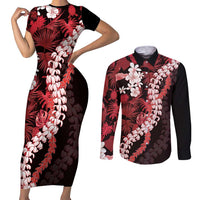 Ulaula Aloha Hawaii Lei Couples Matching Short Sleeve Bodycon Dress and Long Sleeve Button Shirt Tropical Flowers Elegant Vibe - Polynesian Pride