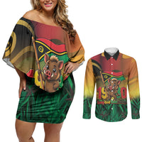 Vanuatu Independence Day Couples Matching Off Shoulder Short Dress and Long Sleeve Button Shirt Chibi Boar Proud To Be A Ni-Van LT14 Multicolor - Polynesian Pride