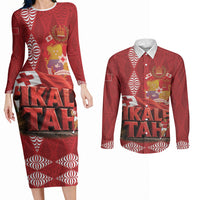 Tonga Rugby Custom Couples Matching Long Sleeve Bodycon Dress and Long Sleeve Button Shirt 2026 Go Ikale Tahi Ngatu Pattern LT14 Red - Polynesian Pride
