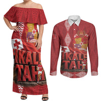 Tonga Rugby Custom Couples Matching Off Shoulder Maxi Dress and Long Sleeve Button Shirt 2026 Go Ikale Tahi Ngatu Pattern LT14 Red - Polynesian Pride