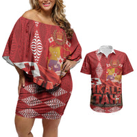 Tonga Rugby Custom Couples Matching Off Shoulder Short Dress and Hawaiian Shirt 2026 Go Ikale Tahi Ngatu Pattern LT14 Red - Polynesian Pride