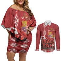 Tonga Rugby Custom Couples Matching Off Shoulder Short Dress and Long Sleeve Button Shirt 2026 Go Ikale Tahi Ngatu Pattern LT14 Red - Polynesian Pride
