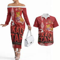 Tonga Rugby Custom Couples Matching Off The Shoulder Long Sleeve Dress and Hawaiian Shirt 2026 Go Ikale Tahi Ngatu Pattern LT14 Red - Polynesian Pride