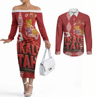 Tonga Rugby Custom Couples Matching Off The Shoulder Long Sleeve Dress and Long Sleeve Button Shirt 2026 Go Ikale Tahi Ngatu Pattern LT14 Red - Polynesian Pride