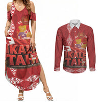 Tonga Rugby Custom Couples Matching Summer Maxi Dress and Long Sleeve Button Shirt 2026 Go Ikale Tahi Ngatu Pattern LT14 Red - Polynesian Pride