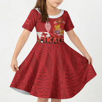 Tonga Rugby Custom Kid Short Sleeve Dress 2026 Go Ikale Tahi Ngatu Pattern LT14 KID Red - Polynesian Pride