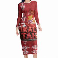 Tonga Rugby Custom Long Sleeve Bodycon Dress 2026 Go Ikale Tahi Ngatu Pattern LT14 Long Dress Red - Polynesian Pride