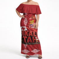 Tonga Rugby Custom Off Shoulder Maxi Dress 2026 Go Ikale Tahi Ngatu Pattern LT14 Women Red - Polynesian Pride