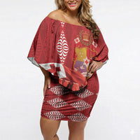 Tonga Rugby Custom Off Shoulder Short Dress 2026 Go Ikale Tahi Ngatu Pattern LT14 Women Red - Polynesian Pride