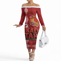 Tonga Rugby Custom Off The Shoulder Long Sleeve Dress 2026 Go Ikale Tahi Ngatu Pattern LT14 Women Red - Polynesian Pride