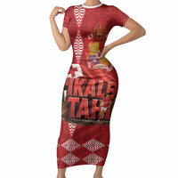 Tonga Rugby Custom Short Sleeve Bodycon Dress 2026 Go Ikale Tahi Ngatu Pattern LT14 Long Dress Red - Polynesian Pride