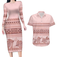 Pastel Pink Samoa Siapo Teuila Flowers Couples Matching Long Sleeve Bodycon Dress and Hawaiian Shirt - Polynesian Pride