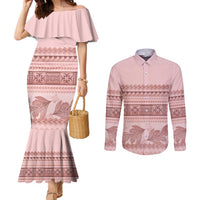 Pastel Pink Samoa Siapo Teuila Flowers Couples Matching Mermaid Dress and Long Sleeve Button Shirt - Polynesian Pride