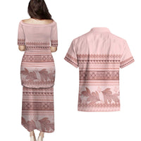 Pastel Pink Samoa Siapo Teuila Flowers Couples Matching Puletasi and Hawaiian Shirt - Polynesian Pride