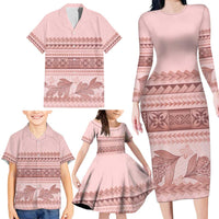 Pastel Pink Samoa Siapo Teuila Flowers Family Matching Long Sleeve Bodycon Dress and Hawaiian Shirt - Polynesian Pride