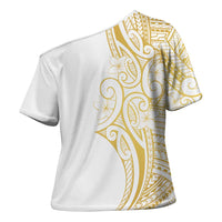 Polynesia White Sunday Cross Shoulder Shirt Plumeria Polynesian Tribal Gold Color - Polynesian Pride