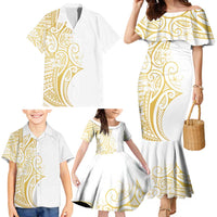 Polynesia White Sunday Family Matching Mermaid Dress and Hawaiian Shirt Plumeria Polynesian Tribal Gold Color - Polynesian Pride
